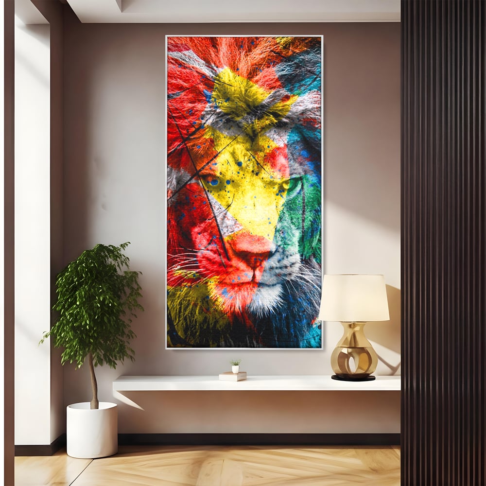 Tablou canvas cu tablou canvas cu leu colorat, in rama de aluminiu argintiu
